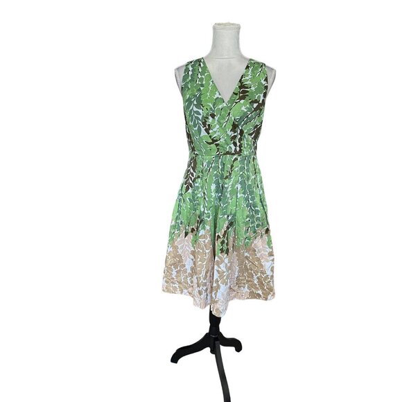 Talbots Womens Petite Leaf Print Sleeveless V-Neck Dress 6P Green Brown - Picture 1 of 12